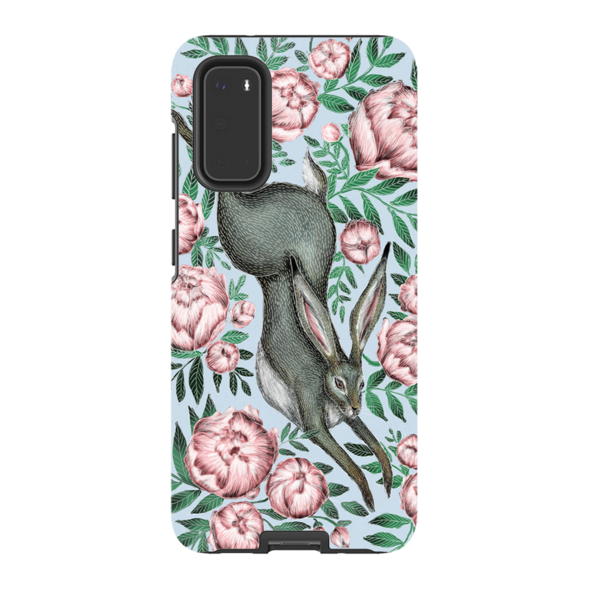 Samsung tough phone case featuring a grey hare and pink peonies on a light blue background with dual-layer protection.