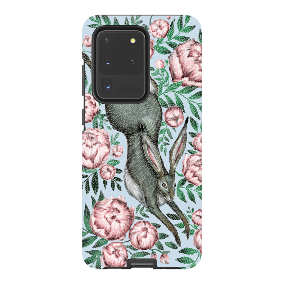 Samsung phone case featuring Catherine Rowe’s hare and pink peony floral art on a light blue background.
