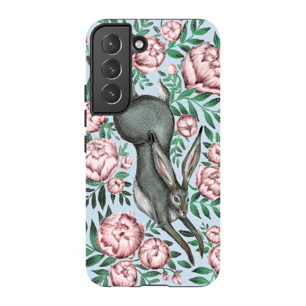 Samsung tough phone case featuring a grey hare and pink peonies on a light blue background with dual-layer protection.
