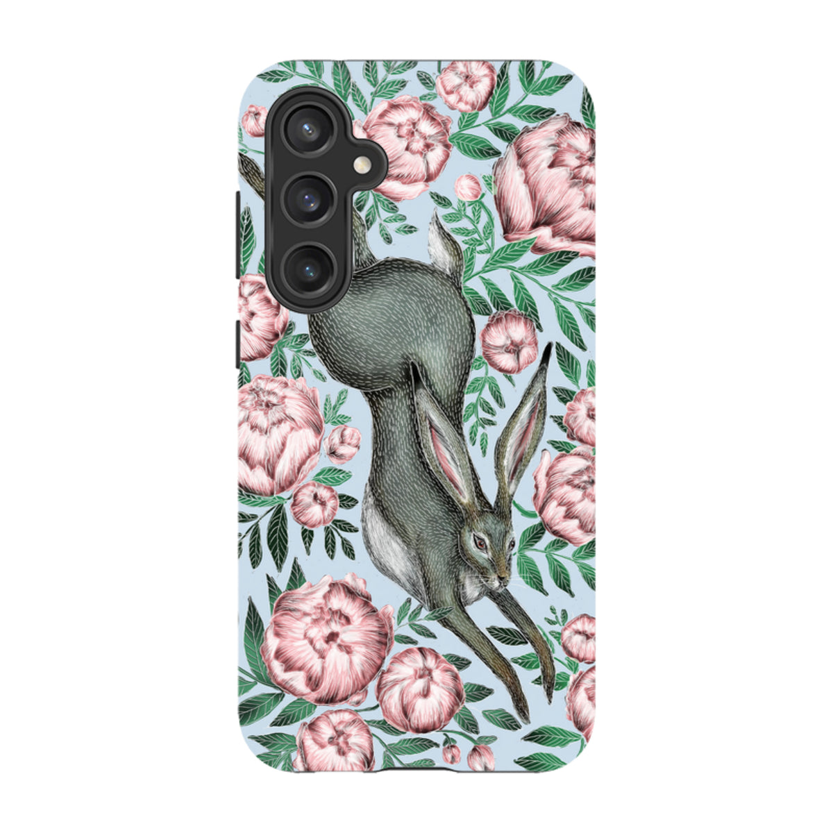 Samsung Tough Case featuring a grey hare and pink peonies on a light blue background with a triple-lens camera cutout.