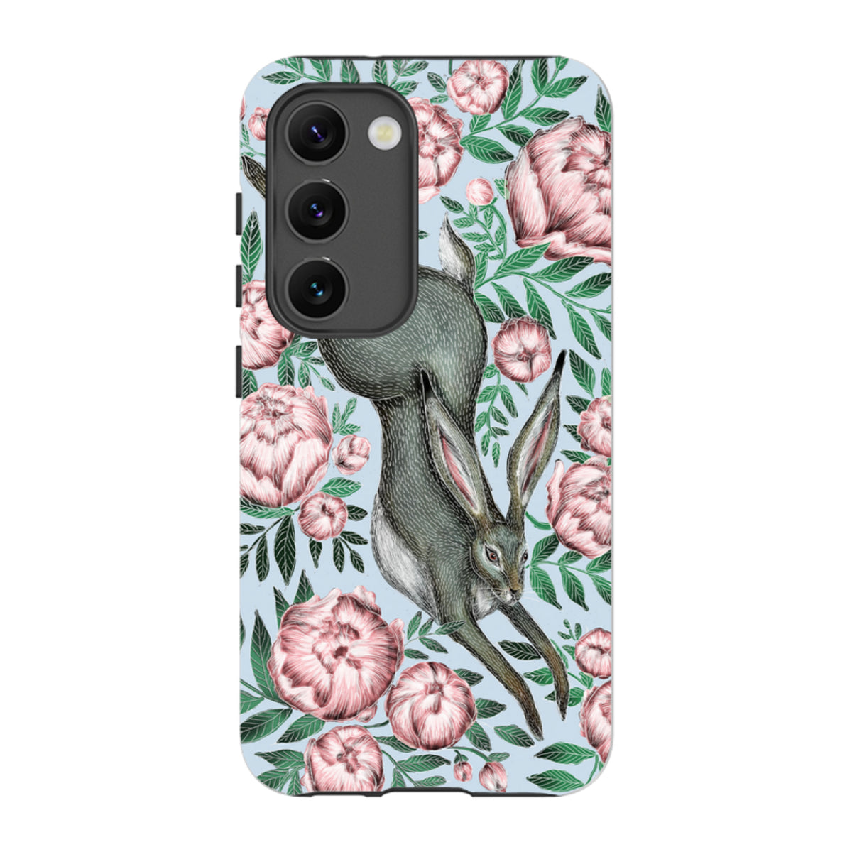 Samsung Tough Case featuring a hare and pink peonies on a light blue background with a durable dual-layer design.