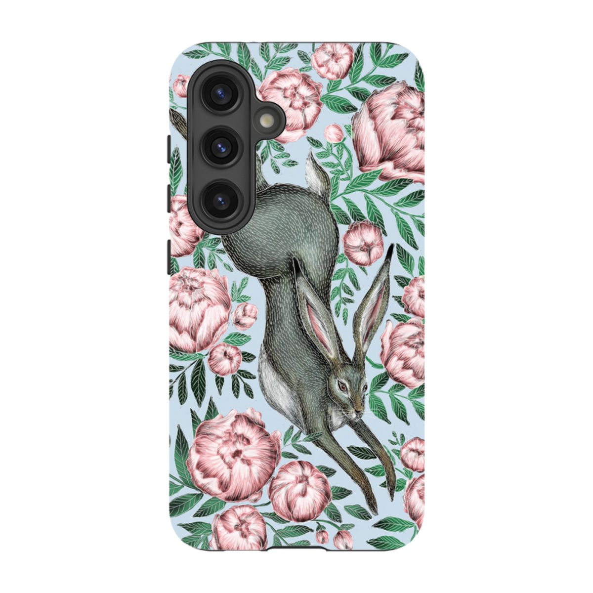 Samsung Tough Case featuring a hare and pink peonies on a light blue background with dual-layer protective design.