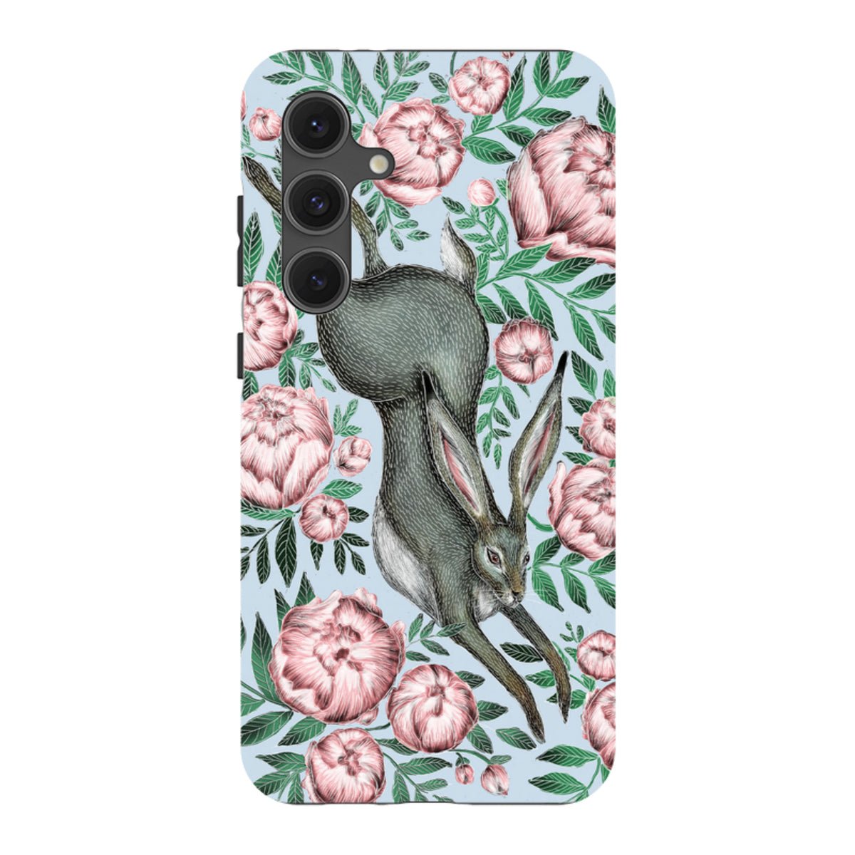 Samsung Tough Case featuring a grey hare amidst pink peonies and green leaves on a light blue background.