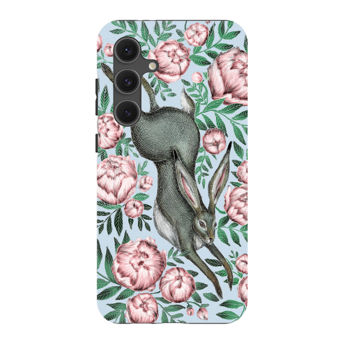 Samsung Tough Case featuring a grey hare leaping among pink peonies and green leaves on a light blue background.