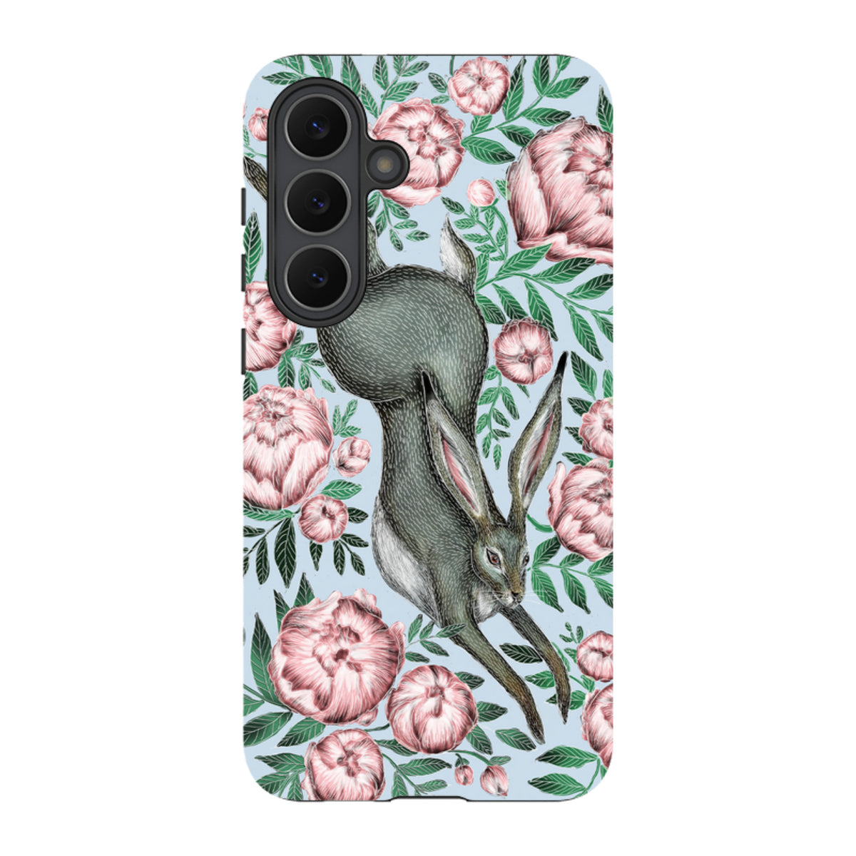 Samsung Tough Case featuring a grey hare and pink peonies on a light blue background with dual-layer protection.