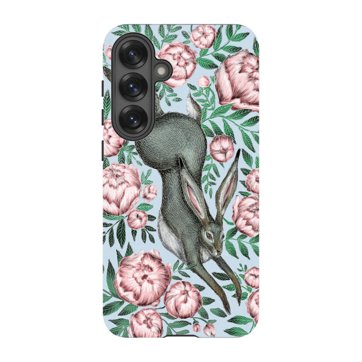 Samsung Tough Case featuring a grey hare and pink peonies on a light blue background with dual-layer protective design.