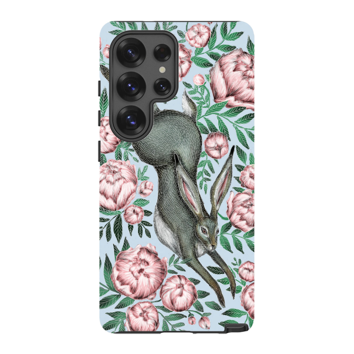 Samsung Tough Case featuring a grey hare and pink peonies on a light blue background with dual-layer protection.
