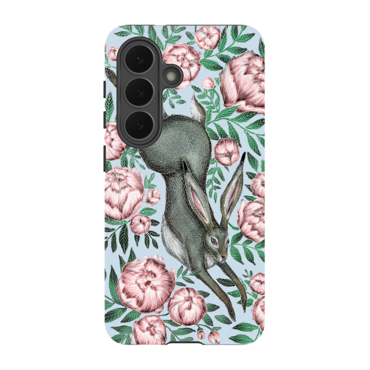 Samsung tough phone case featuring a grey hare surrounded by pink peonies and green leaves on a light blue background.