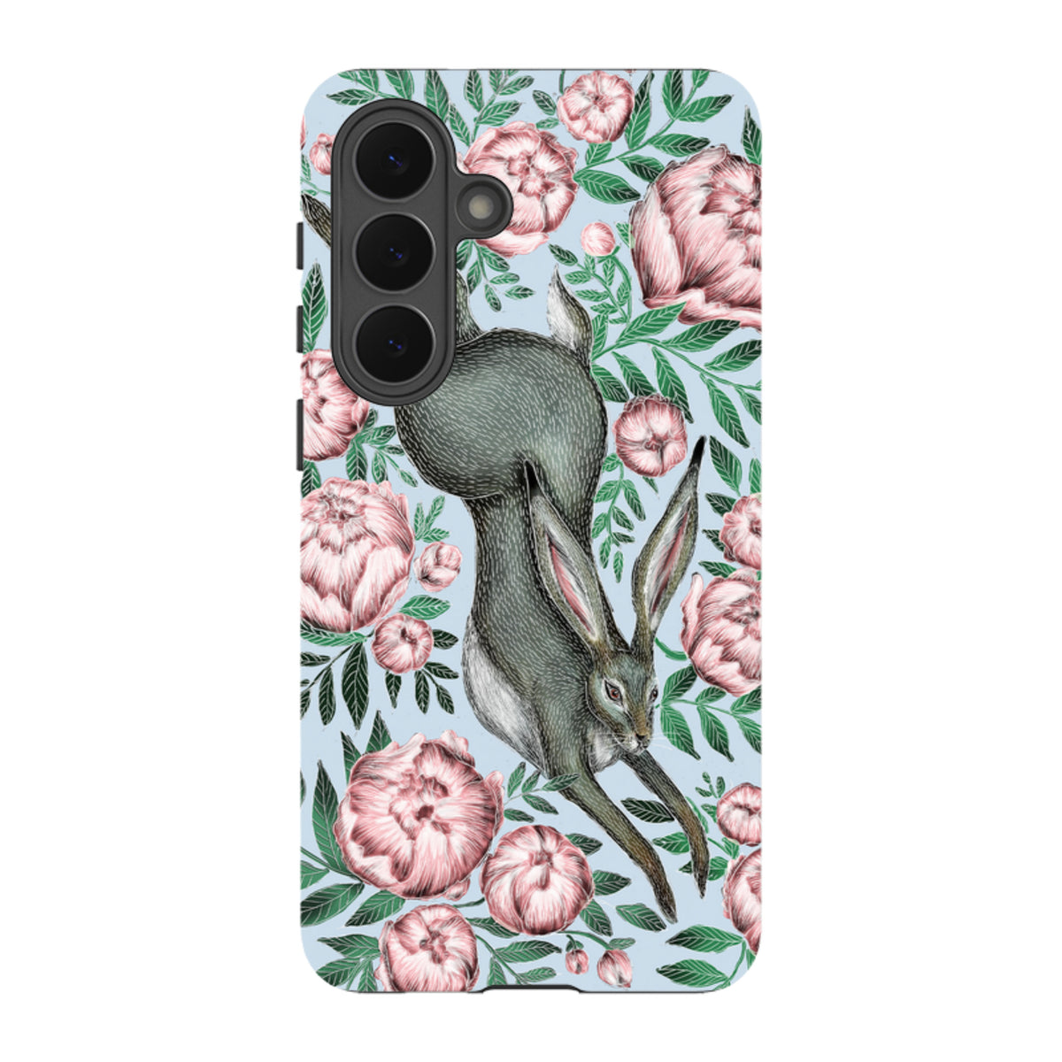 Samsung Tough Case featuring a grey hare and pink peonies on a light blue background with a dual-layer protective design.