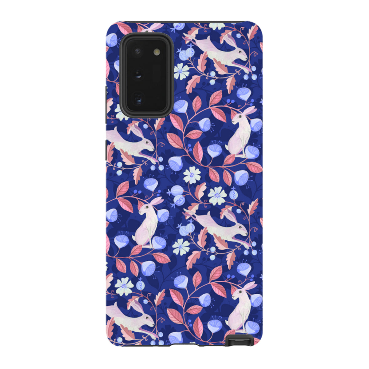 Samsung Tough Case featuring a dark blue floral pattern with white hares, pink leaves, and light blue blossoms.