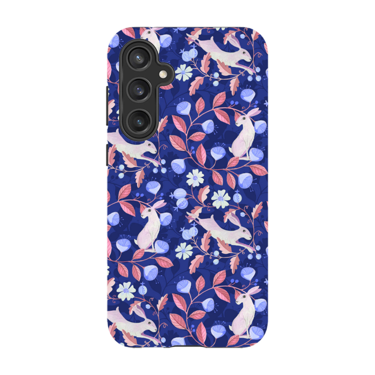 Samsung tough phone case featuring a blue botanical hare pattern with pink leaves and white flowers on a dual-layer shell.