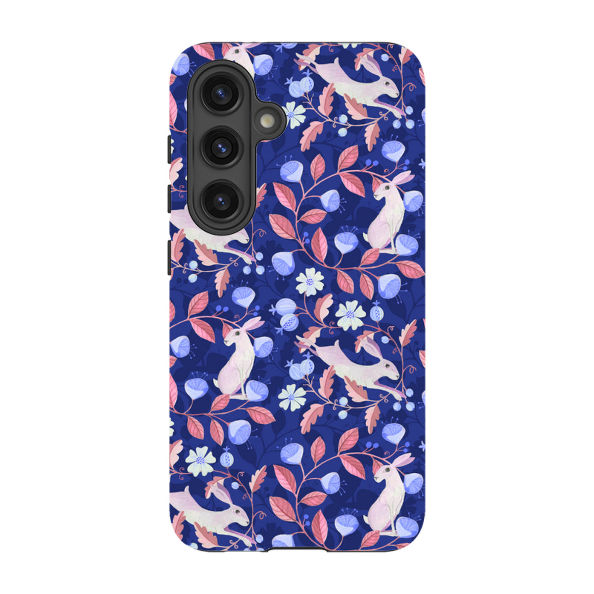 Samsung Tough Case featuring a blue floral pattern with white hares, pink leaves, and a durable dual-layer design.