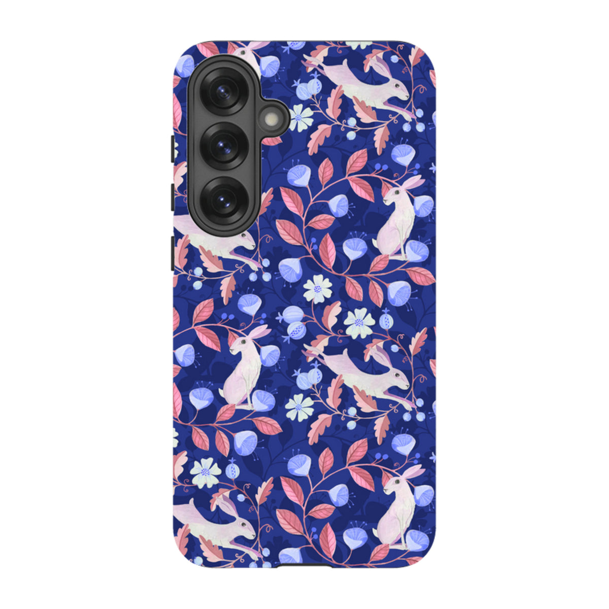 Samsung Tough Case featuring a blue floral pattern with white hares, pink leaves, and light blue bell-shaped flowers.
