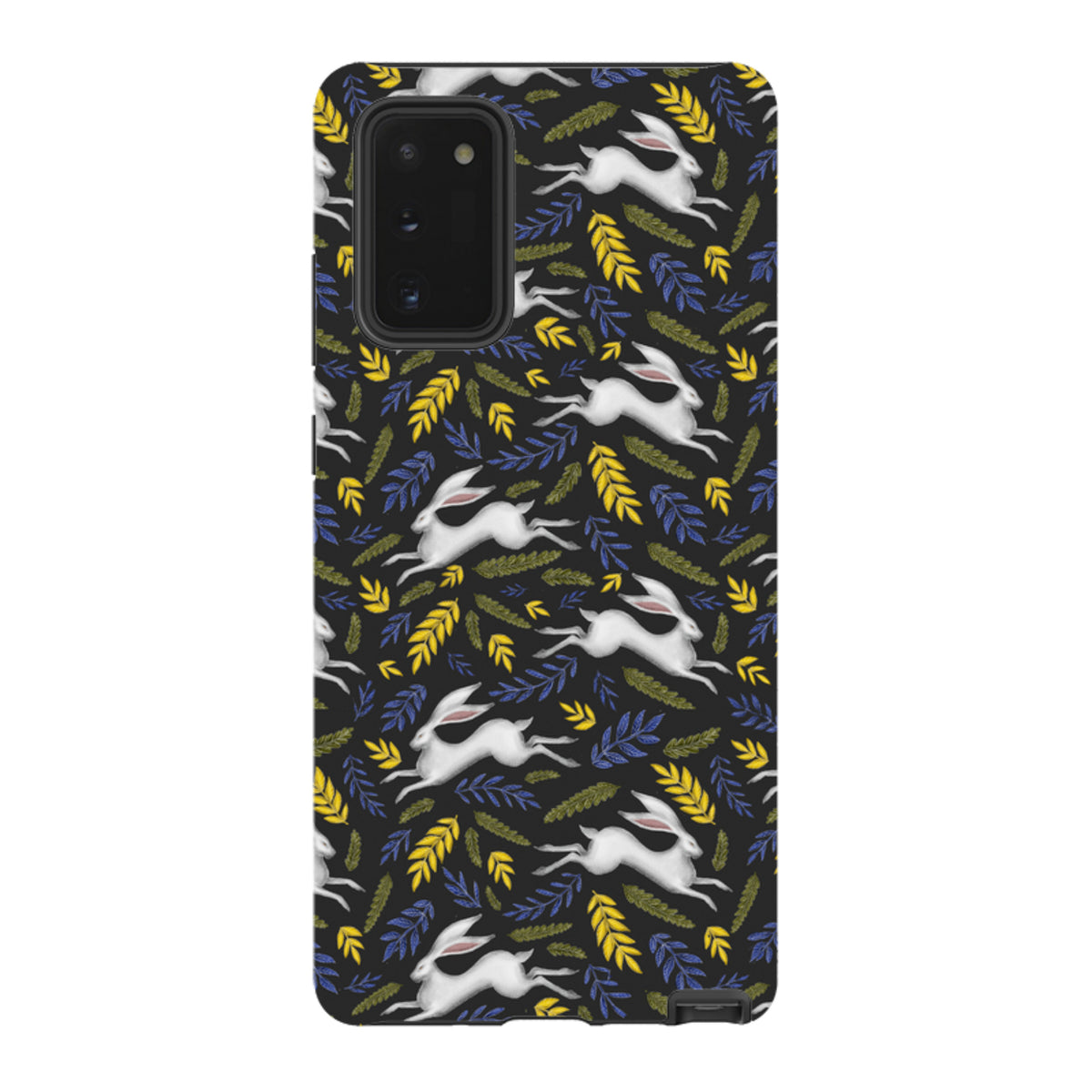 Samsung Tough Case featuring a white hare and colorful leaf pattern on a black background with a dual-layer protective shell.