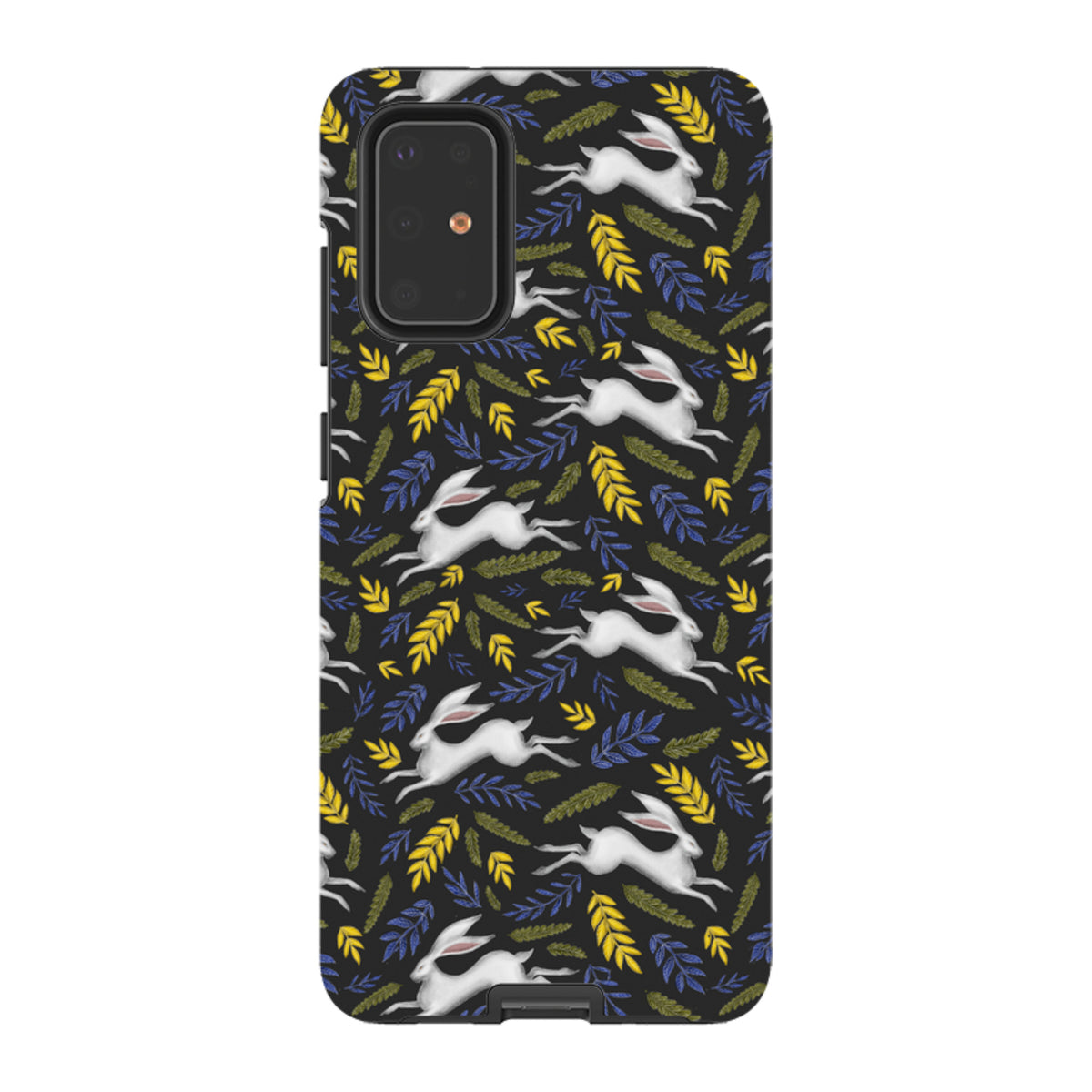Samsung Tough Case featuring a white hare and colorful leaf pattern on a black background with dual-layer protection.