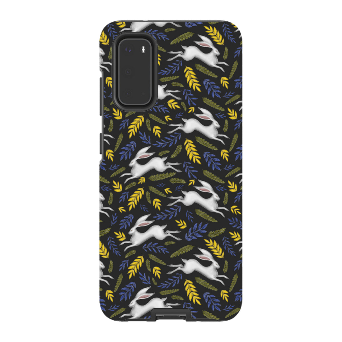 Samsung Tough Case featuring a white hare and colorful leaf pattern on a black background for Galaxy phones.