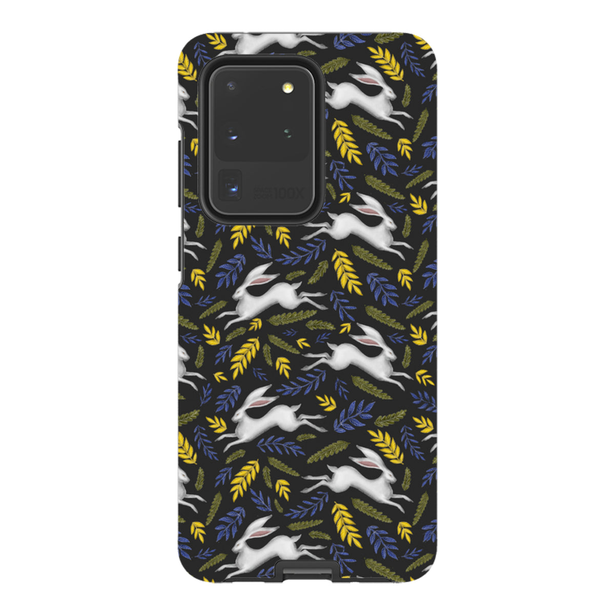Samsung Tough Case featuring a black background with white hares and yellow and blue leaf patterns.