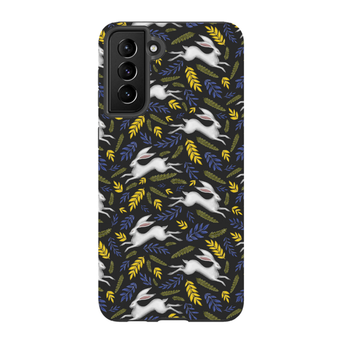 Samsung tough phone case featuring a black background with a repeating white hare and colorful leaf pattern.