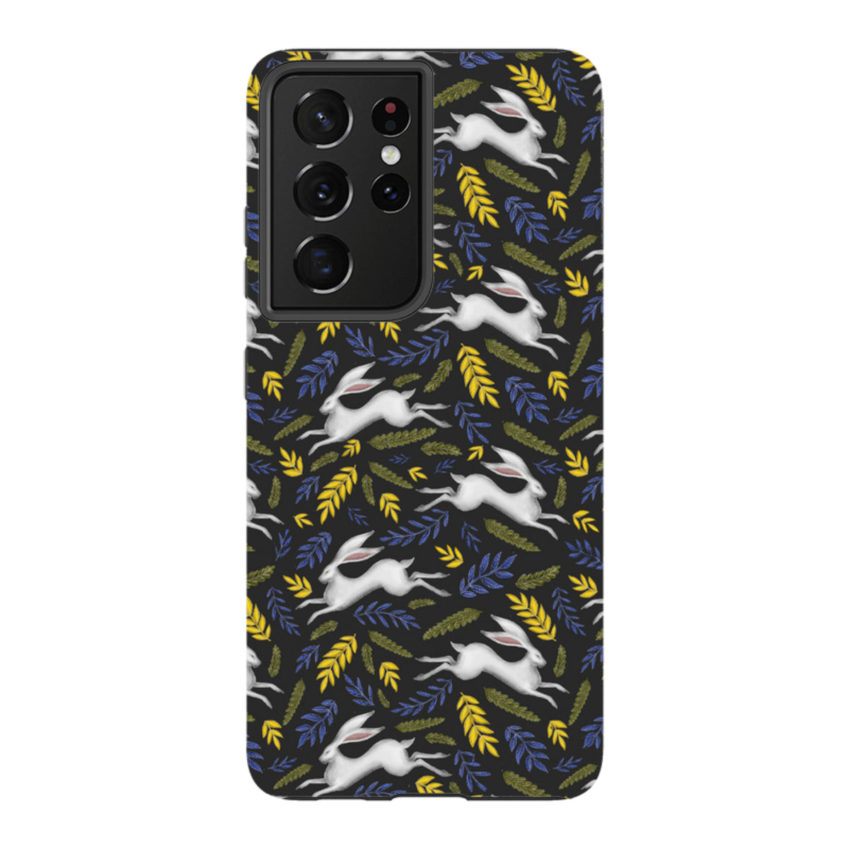 Samsung Tough Case featuring a black background with white hares and colorful yellow and blue leaf patterns.