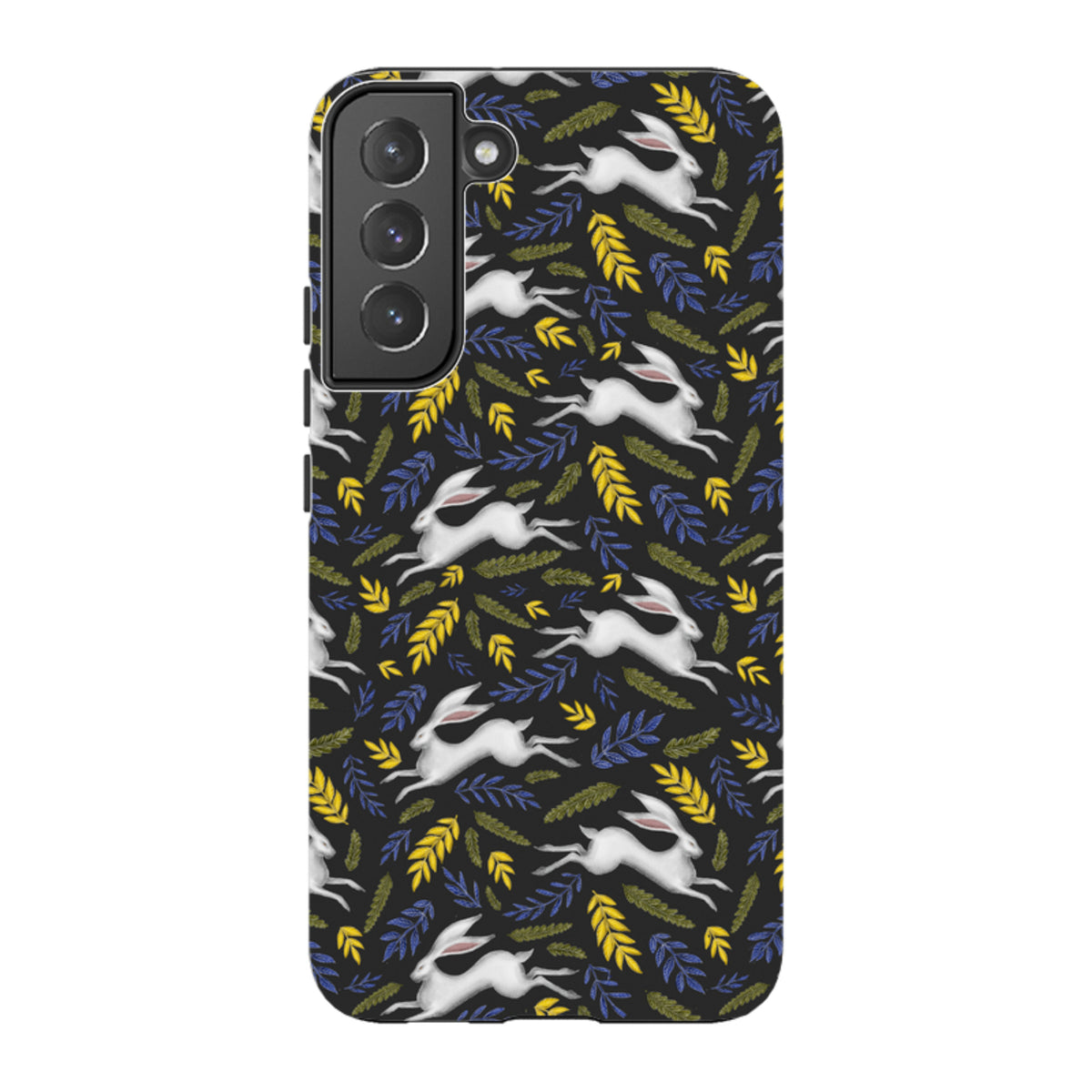 Samsung tough phone case featuring a black background with white hares and yellow and blue leaf patterns.
