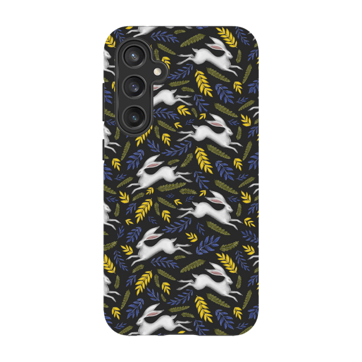 Samsung Tough Case featuring a white hare and colorful leaf pattern on a black background for Galaxy devices.