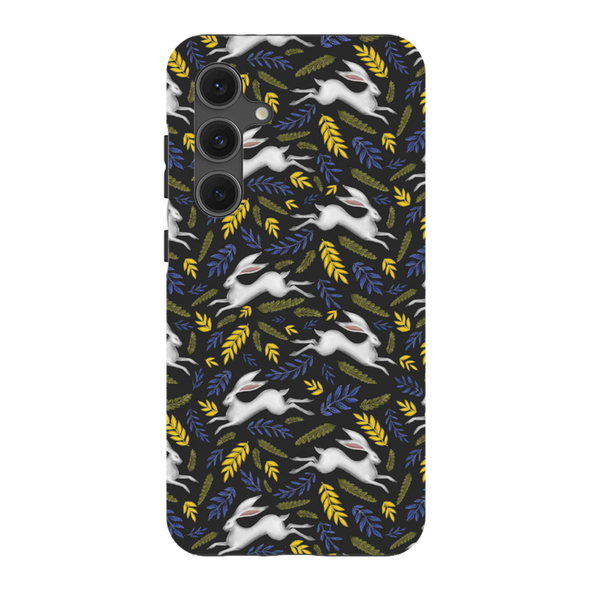 Samsung Galaxy tough case featuring a white hare and colorful leaf pattern on a black background.