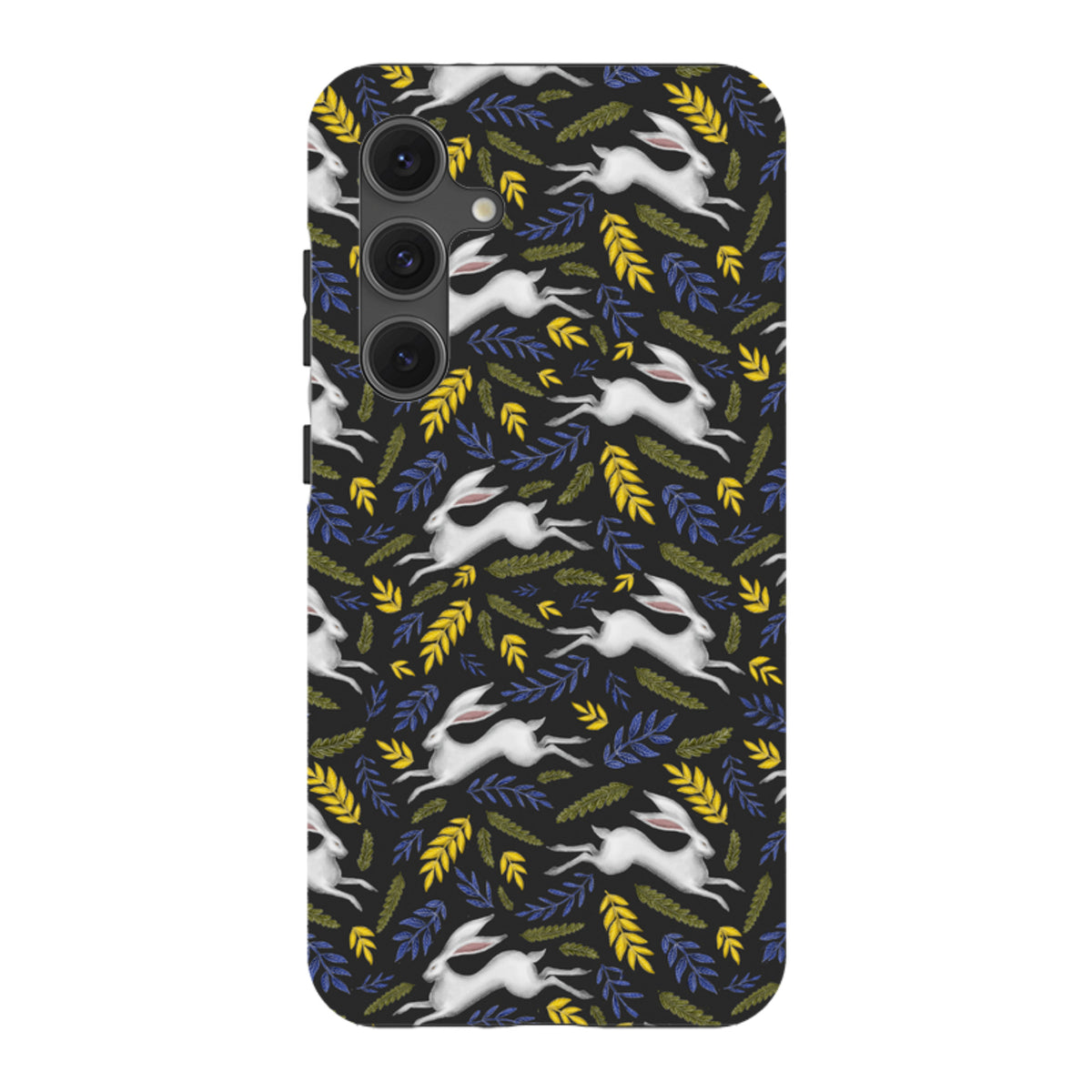 Samsung Tough Case featuring a black background with white running hares and yellow and blue leaf patterns.