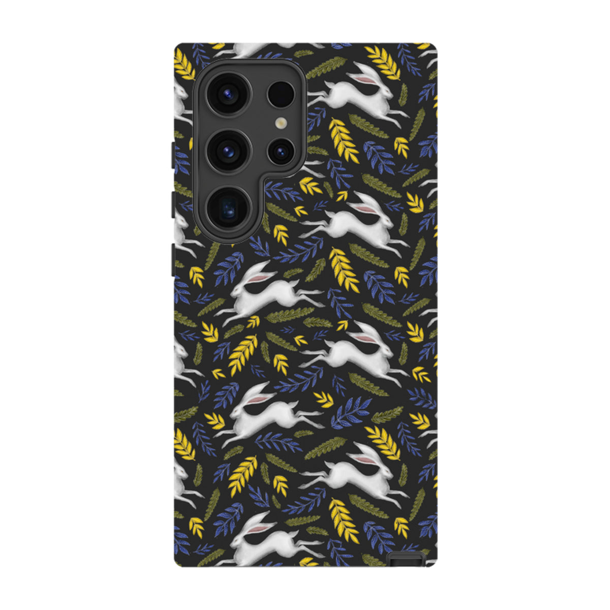 Samsung Tough Case featuring a black background with a white hare and colorful leaf pattern for Galaxy phones.