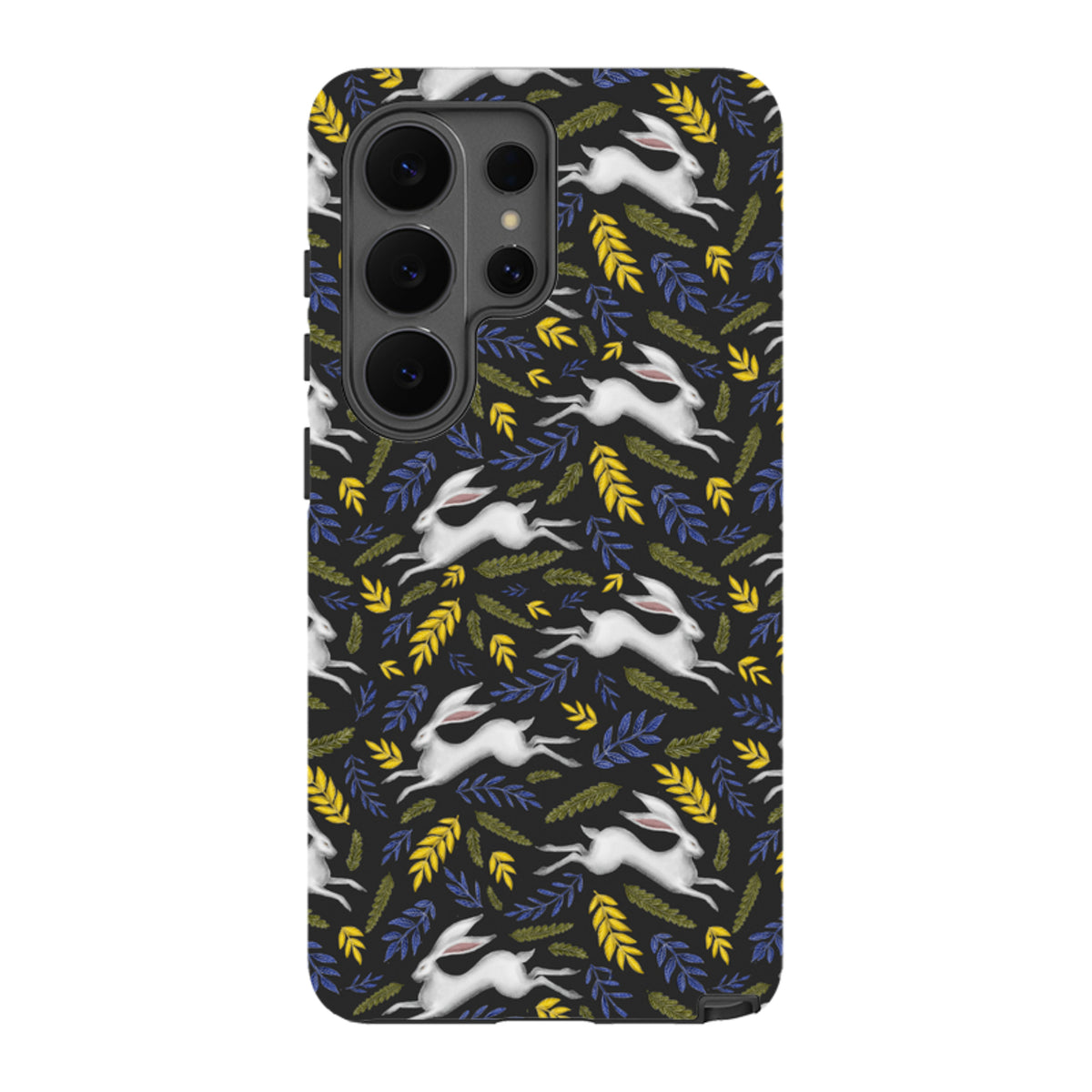 Samsung Tough Case featuring a white hare and colorful leaf pattern on a black background for Galaxy phones.