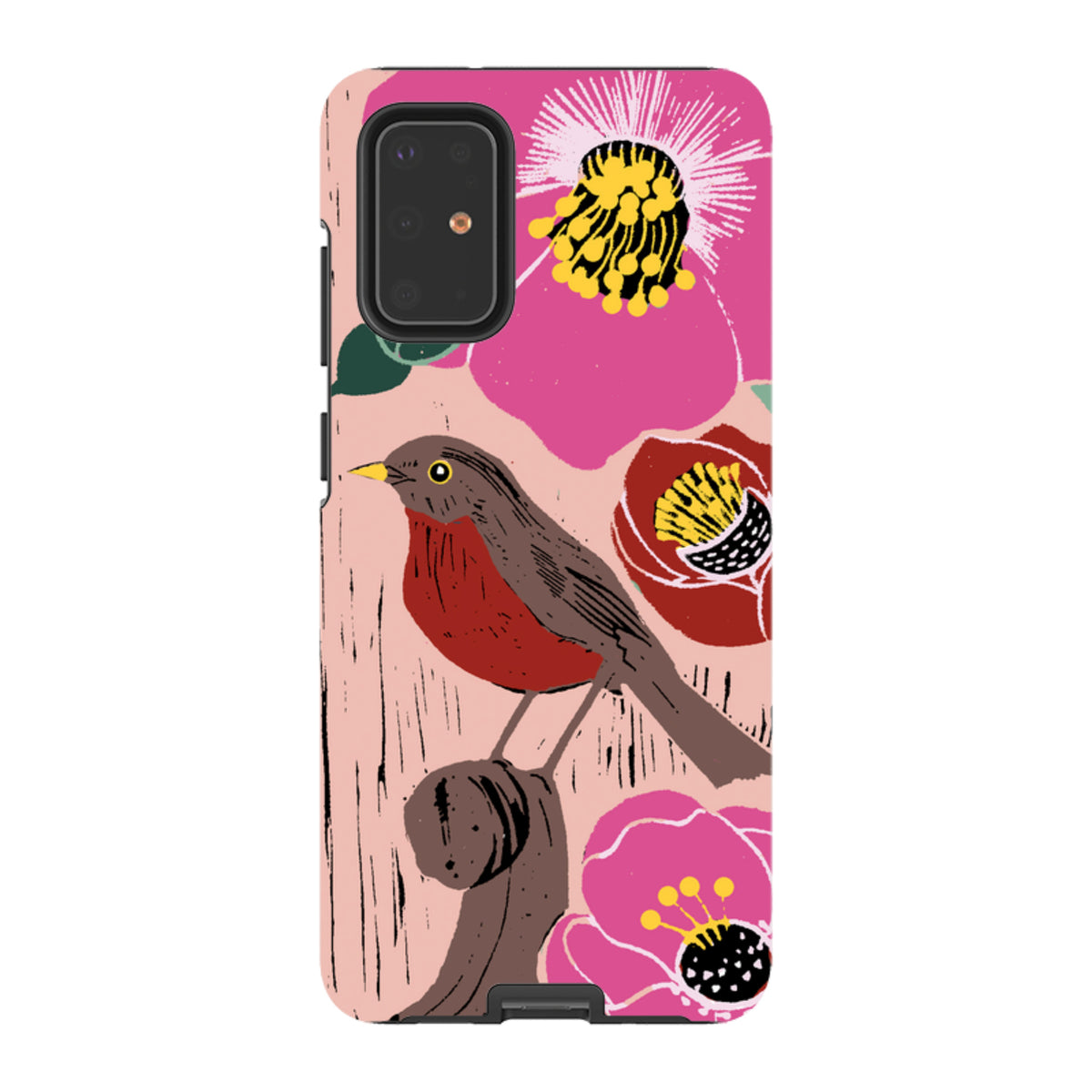 Samsung Tough Case featuring a robin perched on a branch amidst pink and red hellebore flowers on a light pink background.