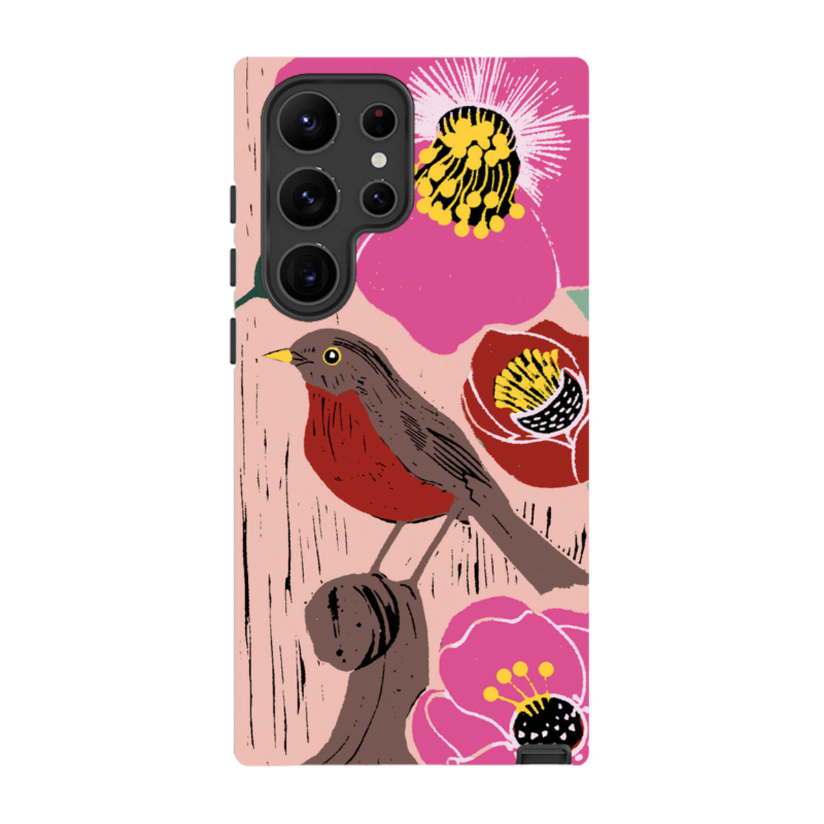 Samsung Galaxy tough case featuring Kate Heiss Hellebore art with a robin on a branch against pink flowers.