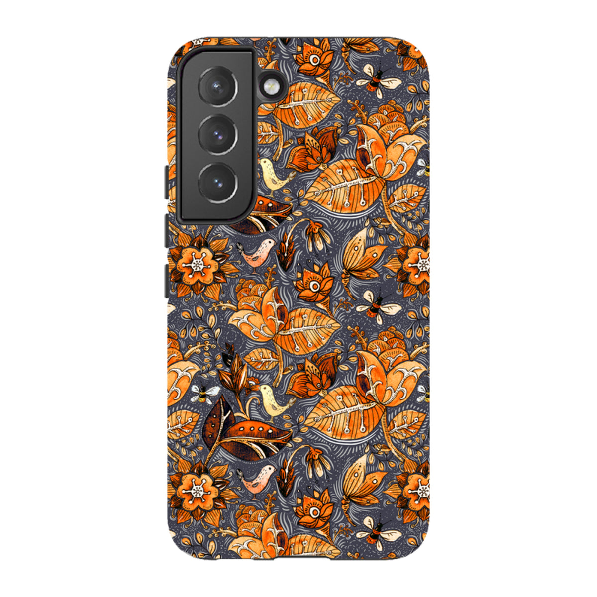 Samsung Galaxy tough case featuring a vibrant orange floral and bird Hidcote pattern on a dark grey background.