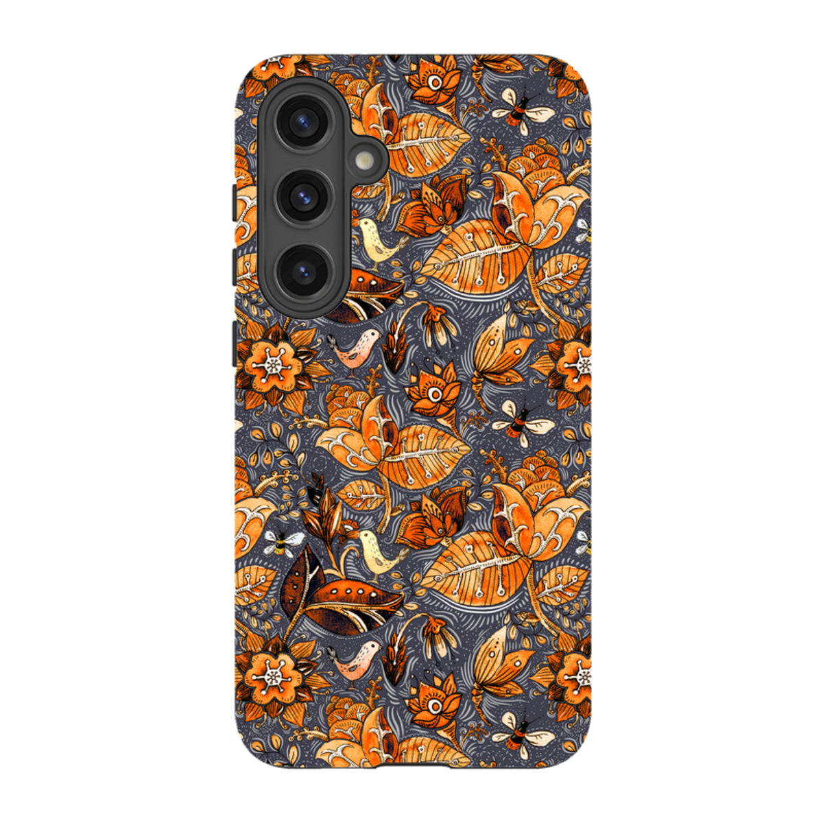 Samsung Tough Case featuring a vibrant orange floral and bird Hidcote pattern on a dark grey background for Galaxy phones.