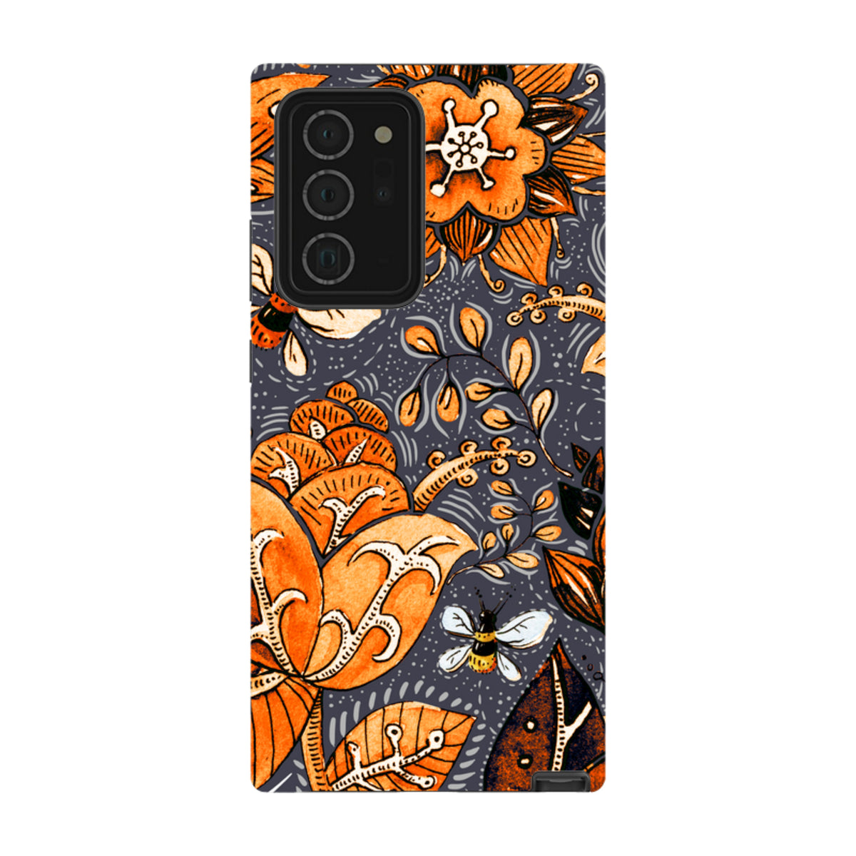 Samsung Tough Case featuring a dark grey background with vibrant orange floral patterns and small bee illustrations.