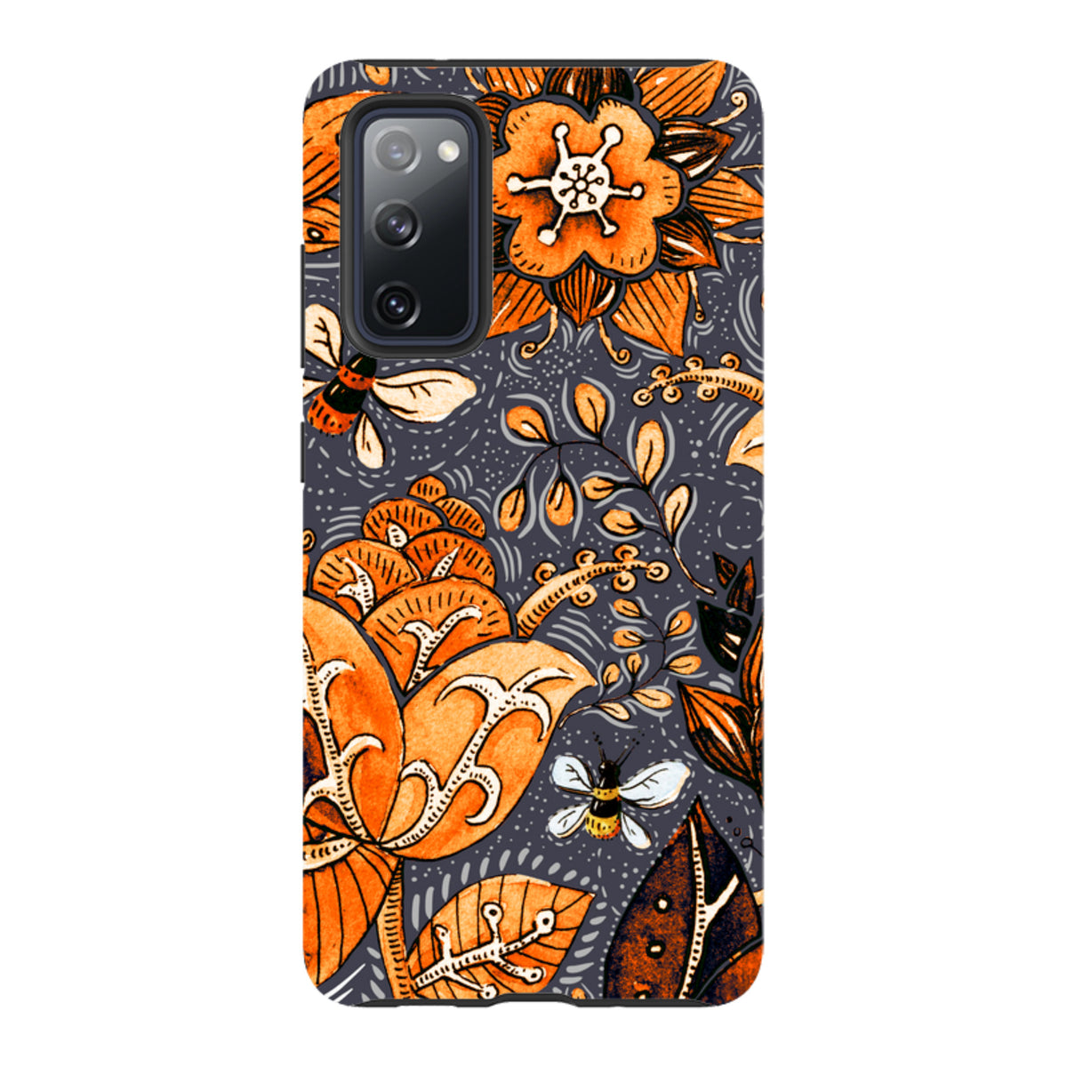 Samsung Tough Case featuring a dark grey background with vibrant orange floral patterns and small bee illustrations.