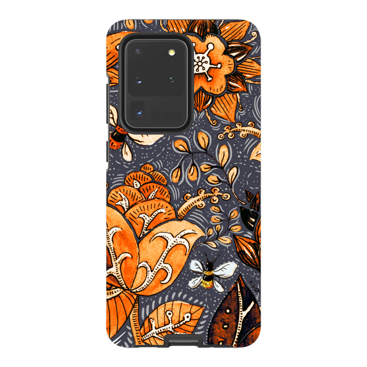 Samsung Galaxy tough case featuring a vibrant orange floral and bee pattern on a dark grey background.