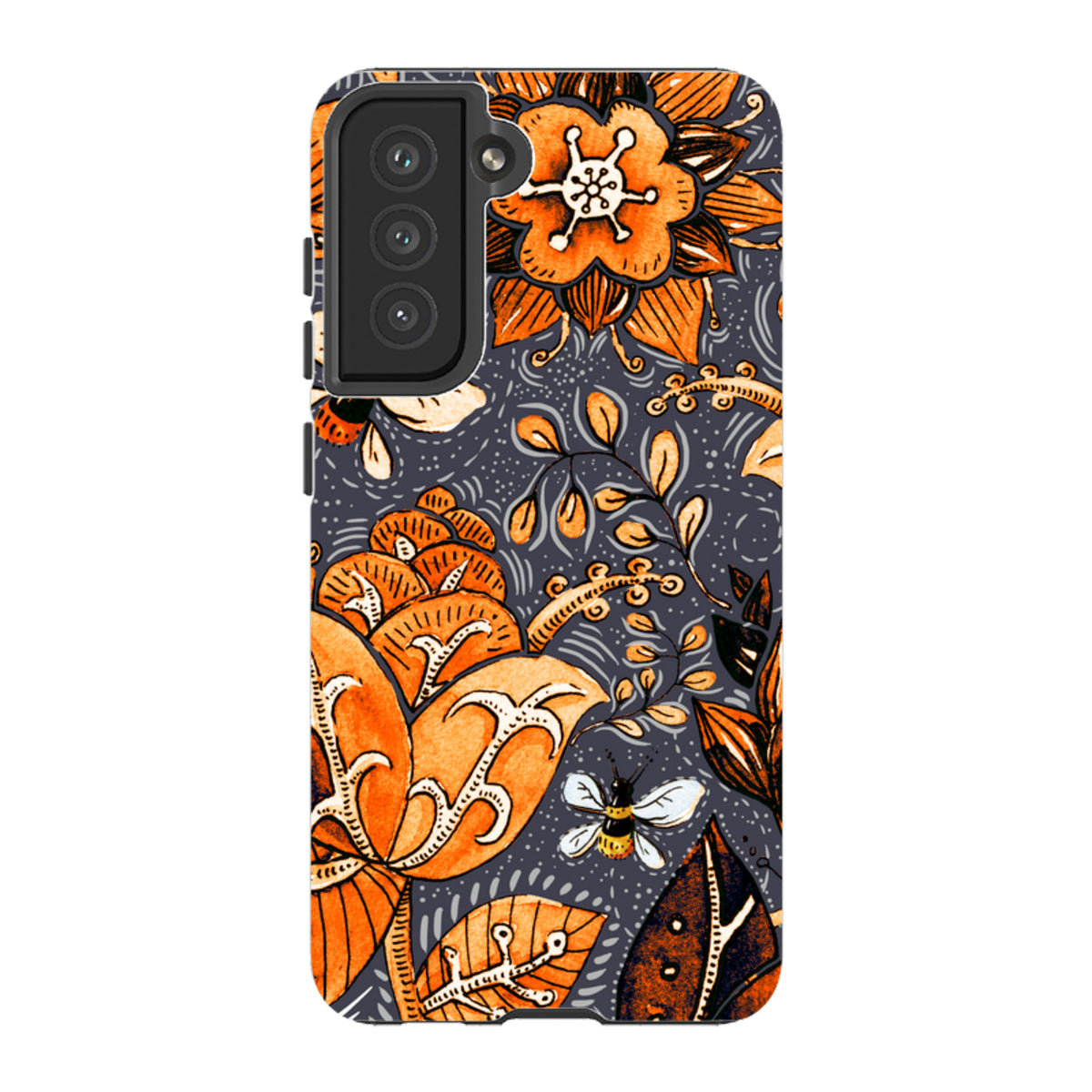 Samsung Tough Case featuring a vibrant orange floral and bee pattern on a dark grey background for Galaxy devices.