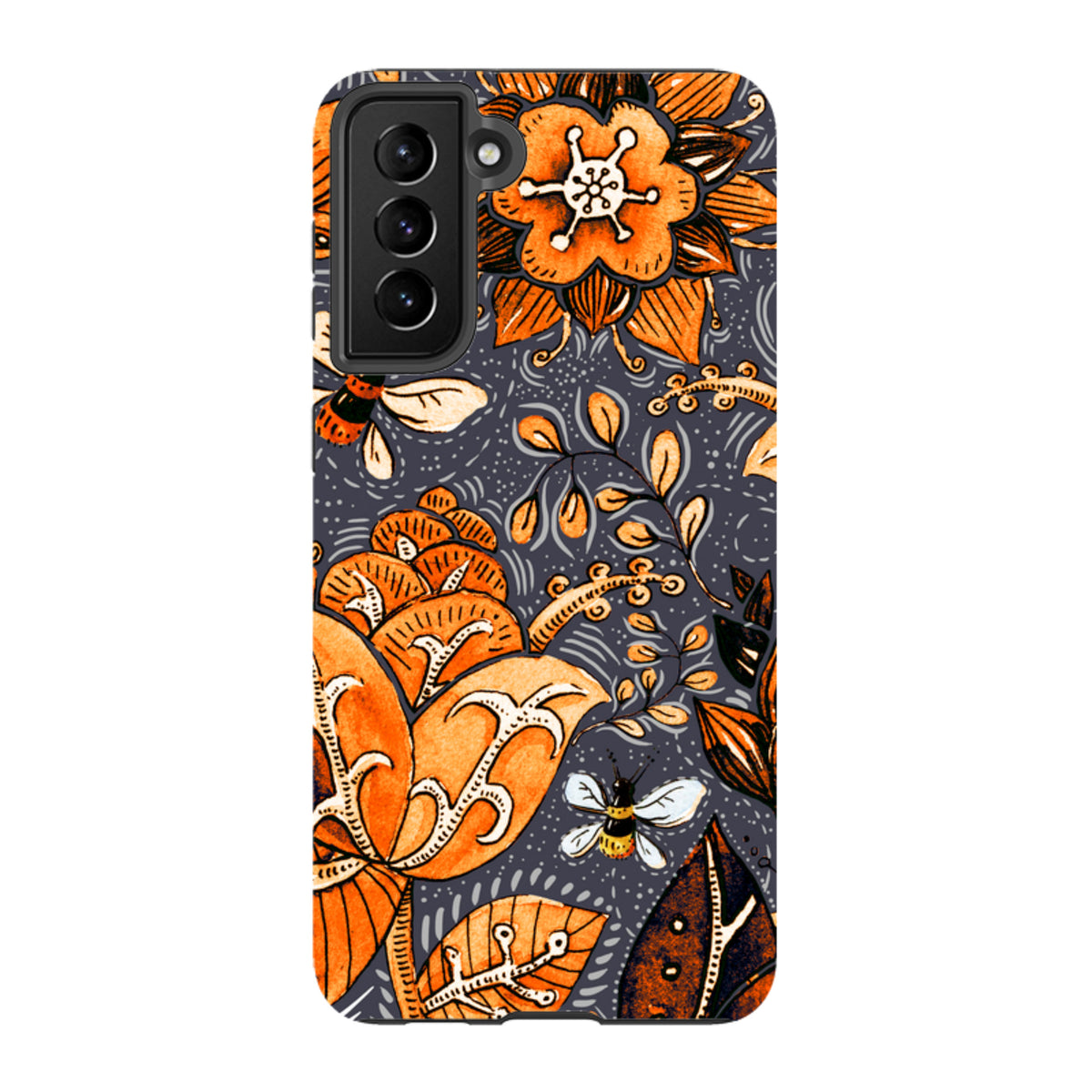 Samsung Tough Case featuring a vibrant orange floral and bee pattern on a dark grey background for Galaxy devices.