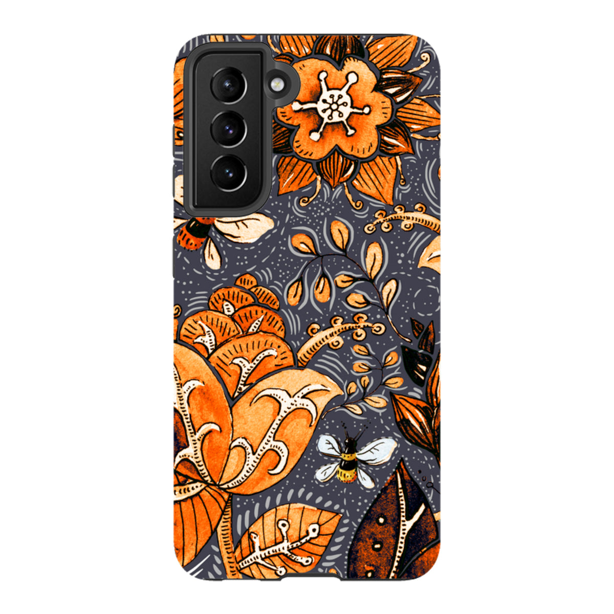 Samsung Tough Case in Hidcote design featuring orange floral patterns and bees on a dark grey background.