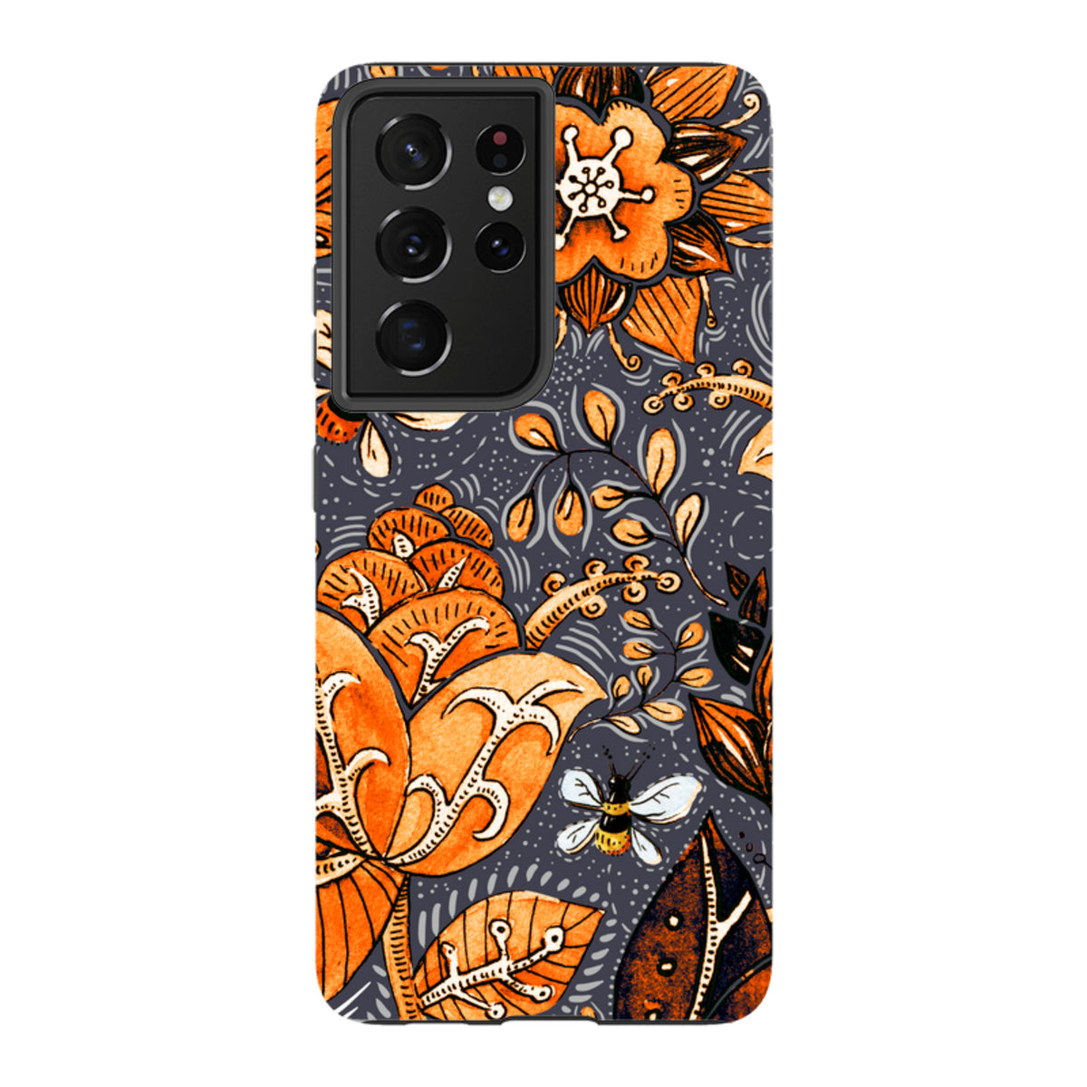 Samsung Galaxy tough case featuring a dark grey background with vibrant orange floral patterns and a small bee design.