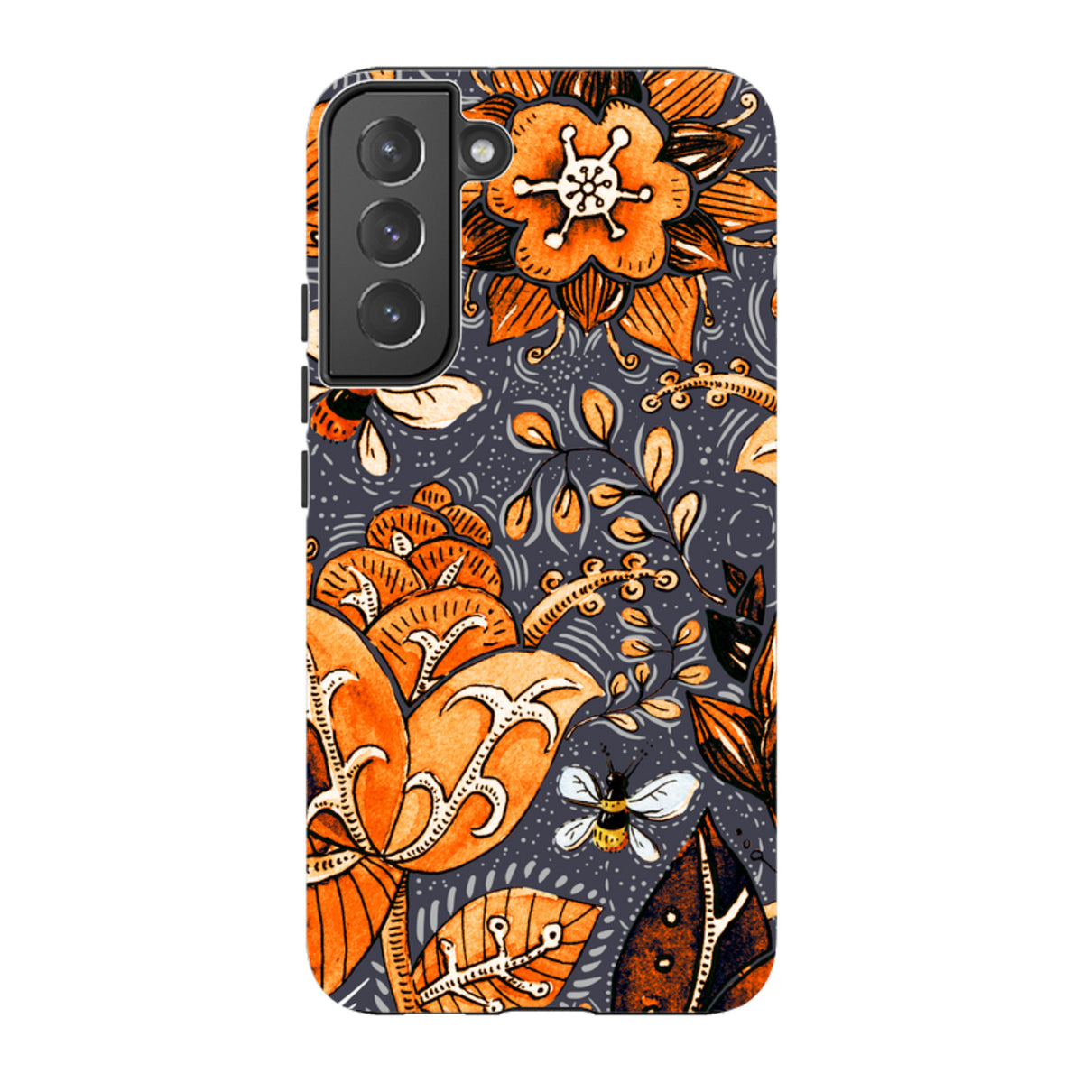 Samsung Tough Case in Hidcote design featuring orange floral patterns and bees on a dark grey background.