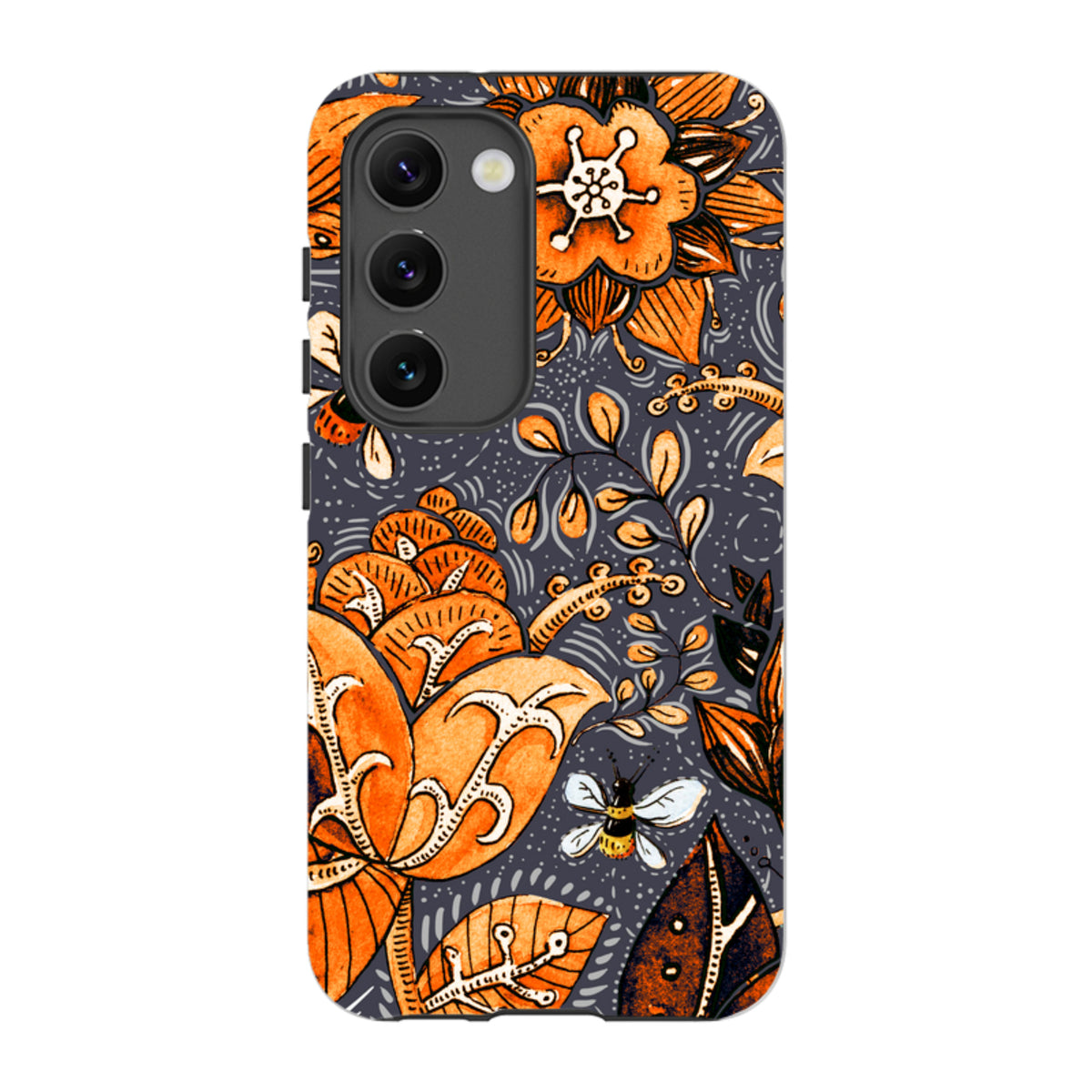 Samsung Tough Case with orange floral and bee artwork on a dark grey background, featuring a durable dual-layer design.