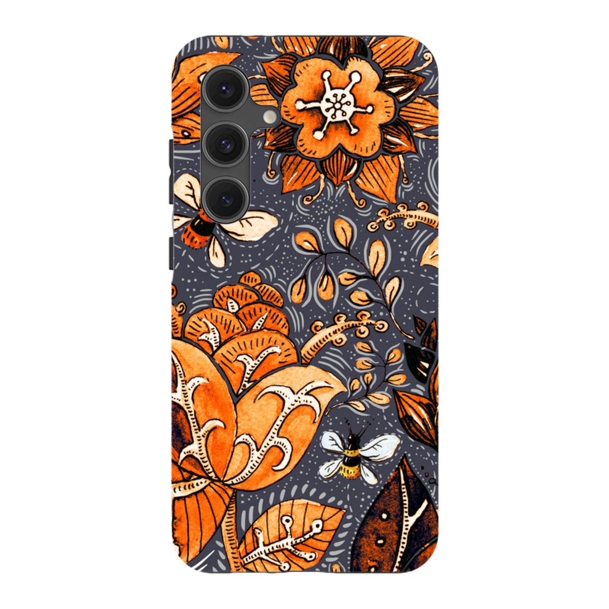 Samsung Tough Case in Hidcote design featuring orange floral patterns and bees on a dark gray background.