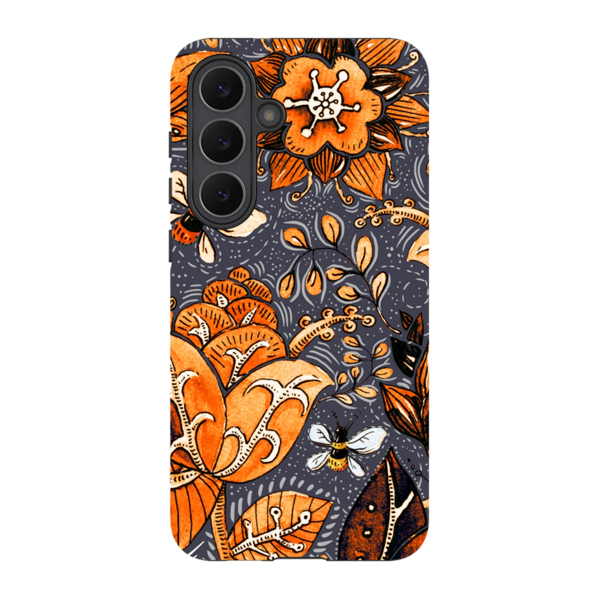 Samsung Tough Case featuring a vibrant orange floral and bee pattern on a dark grey background with a triple camera cutout.
