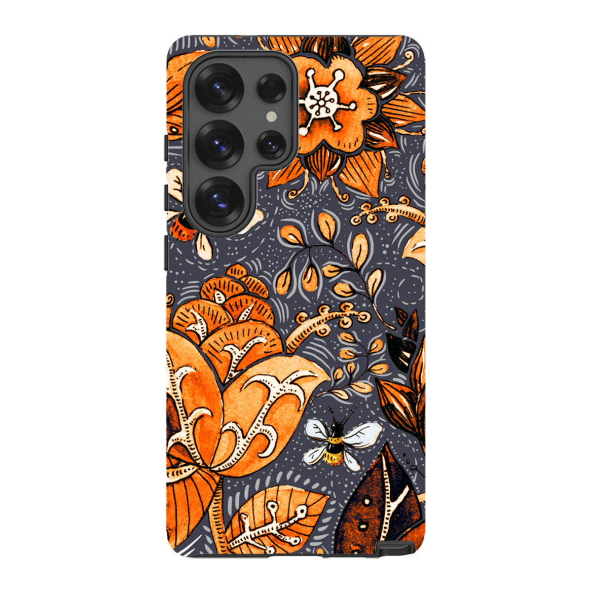 Samsung Tough Case in Hidcote design featuring vibrant orange floral and bee artwork on a dark grey textured background.