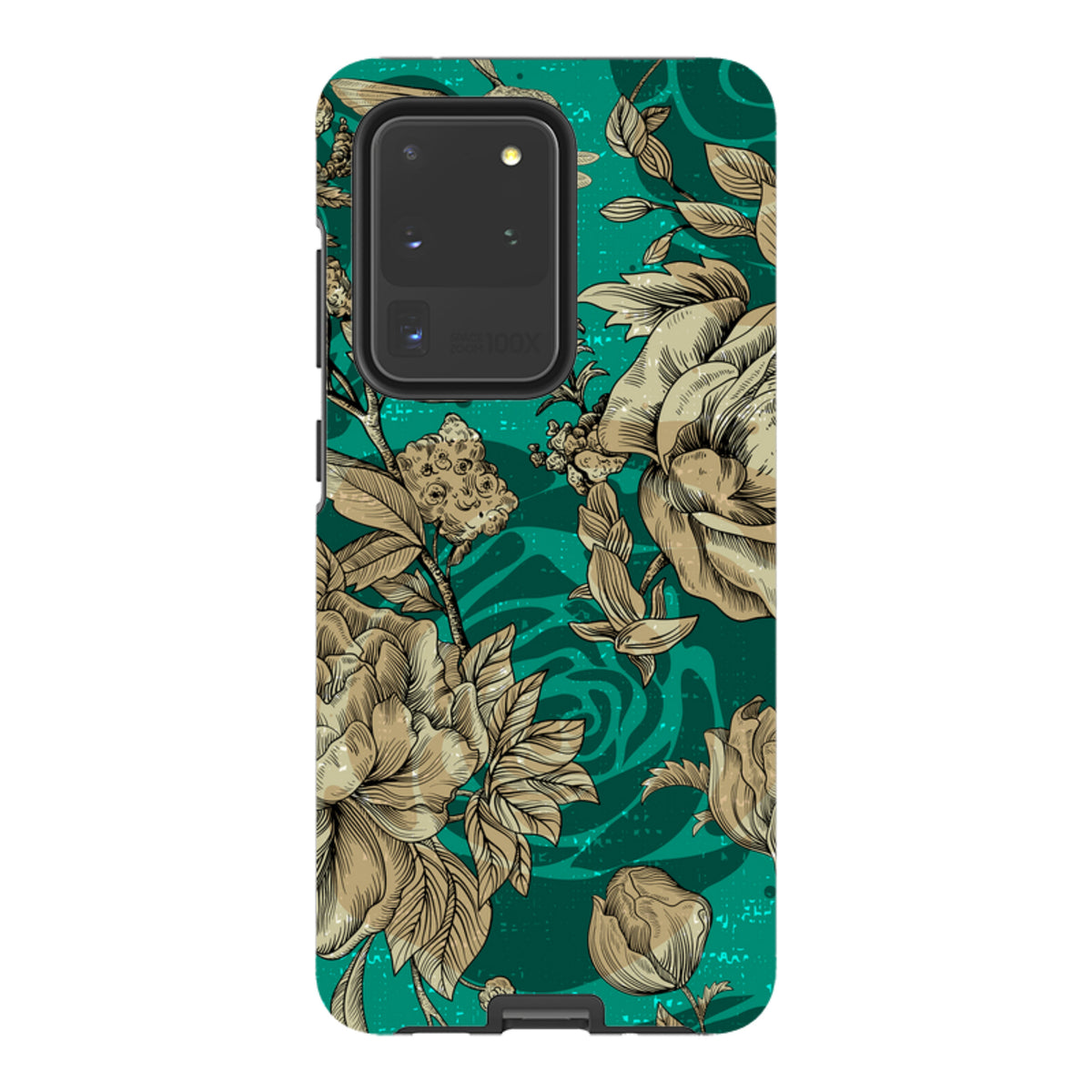 Samsung Tough Case featuring a teal floral Highgrove Gardens design with intricate beige line-art flowers.