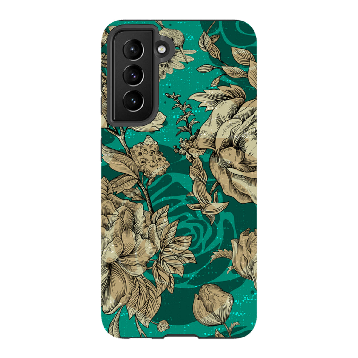 Samsung Tough Case with a teal floral Highgrove Gardens design, featuring a dual-layer shell and camera lens protection.