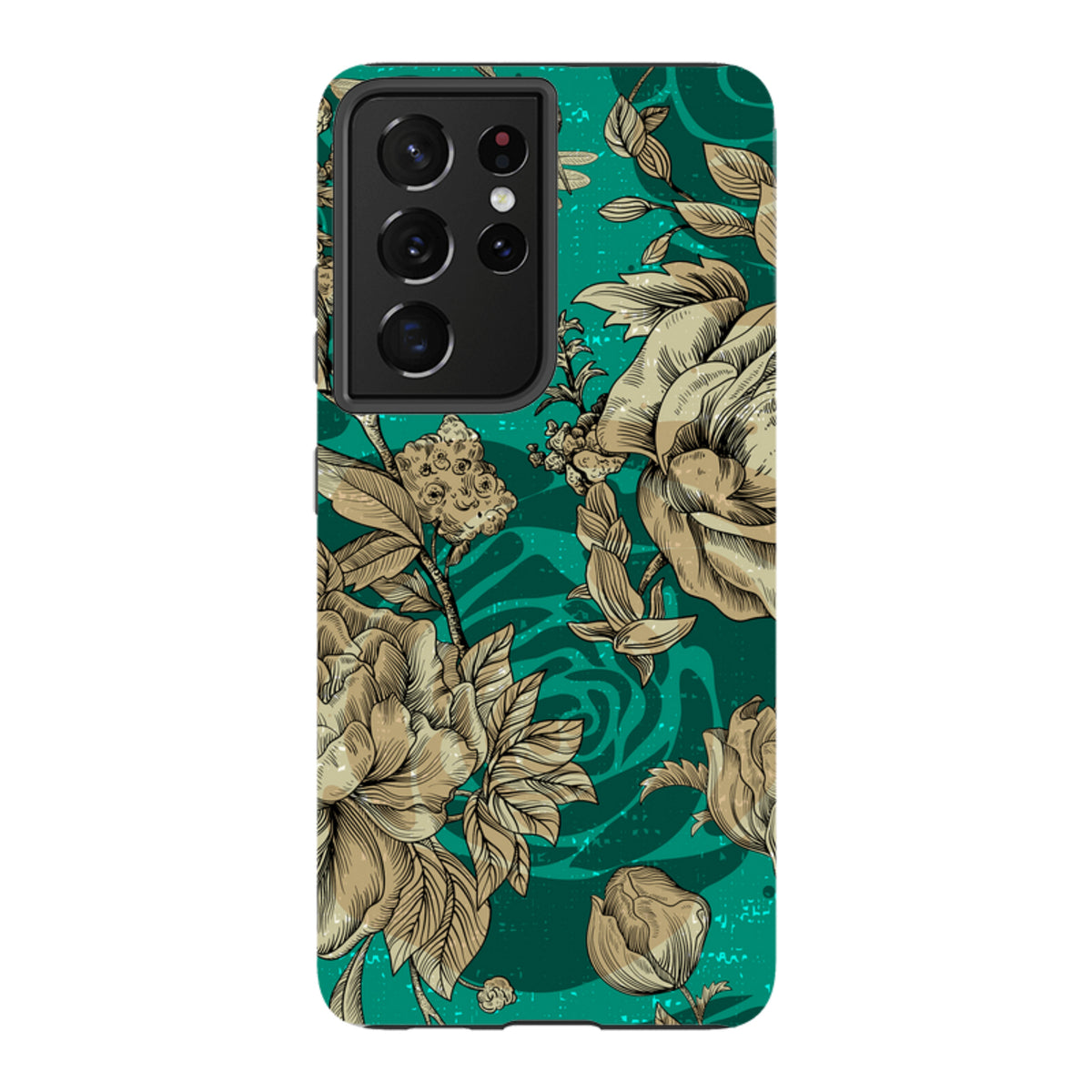 Samsung Galaxy tough case in teal with vintage-style floral illustrations and a protective dual-layer design.