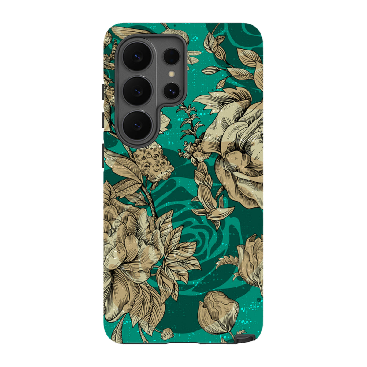 Samsung Galaxy tough case in teal with a detailed beige floral illustration and dual-layer protective design.