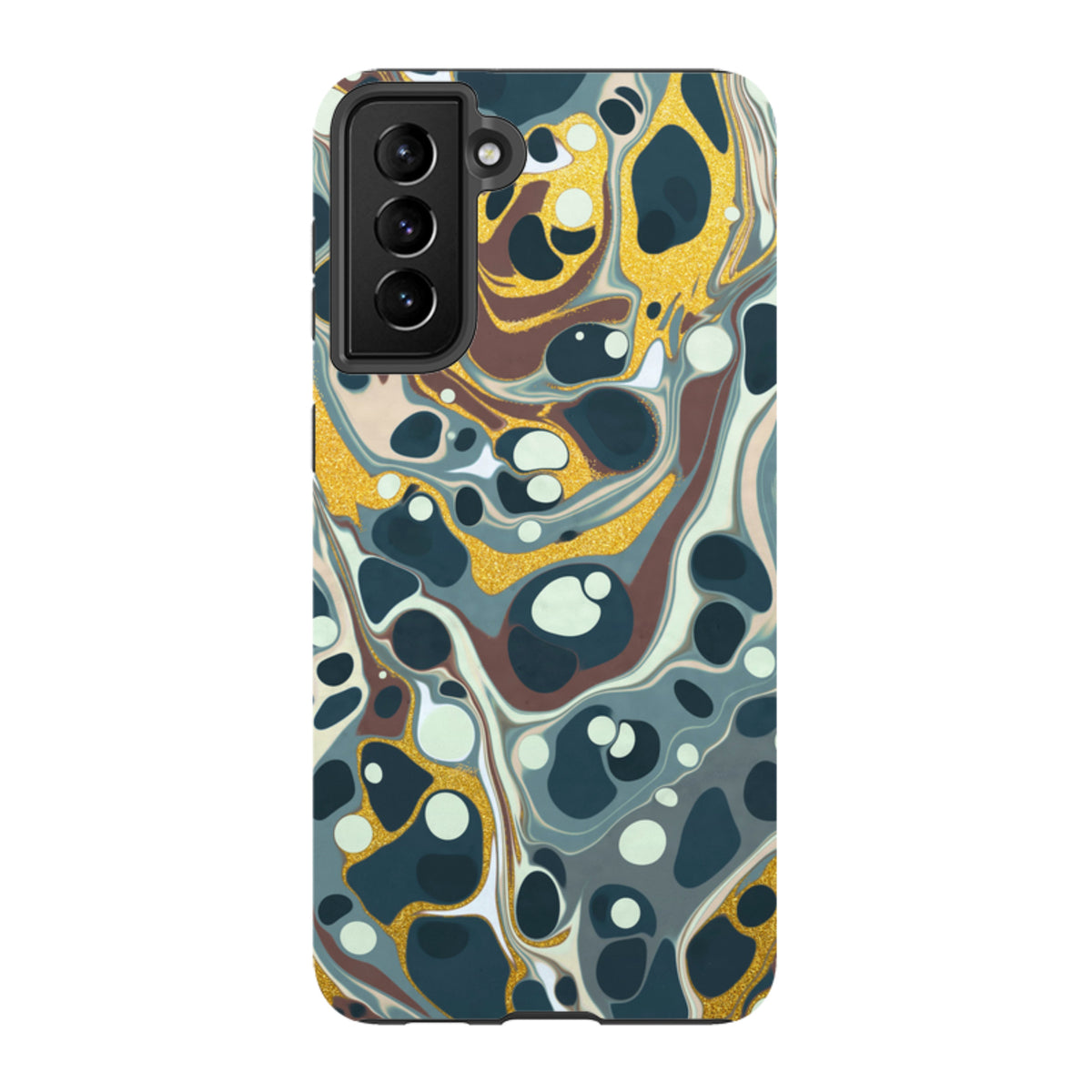Samsung Tough Case featuring a swirling marble design in blue, brown, and gold glitter on a Samsung Galaxy phone.